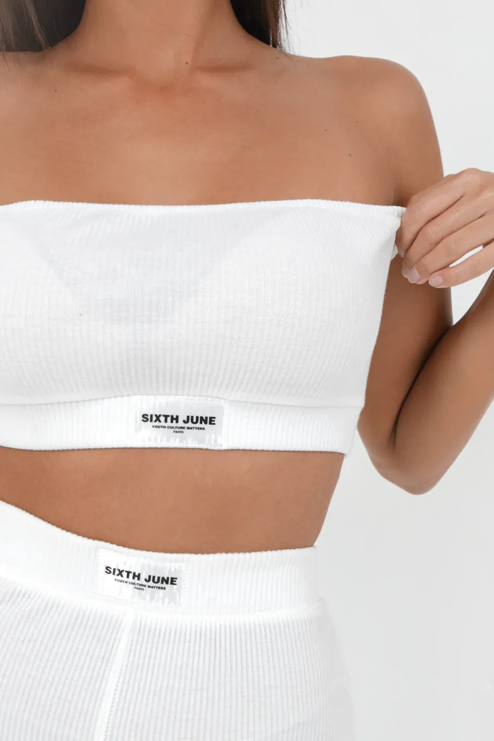 Brassiere Sans Bretelles Cotelee Blanc Casse