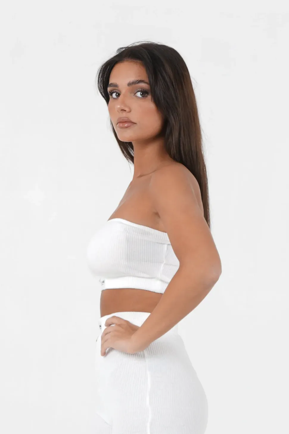 Brassiere Sans Bretelles Cotelee Blanc Casse