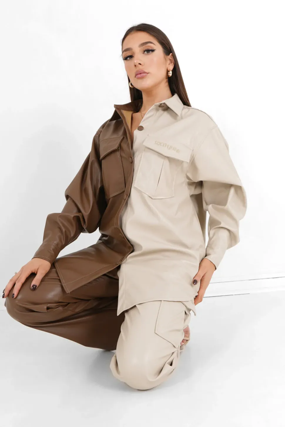 Chemise Bicolore Simili Cuir Beige