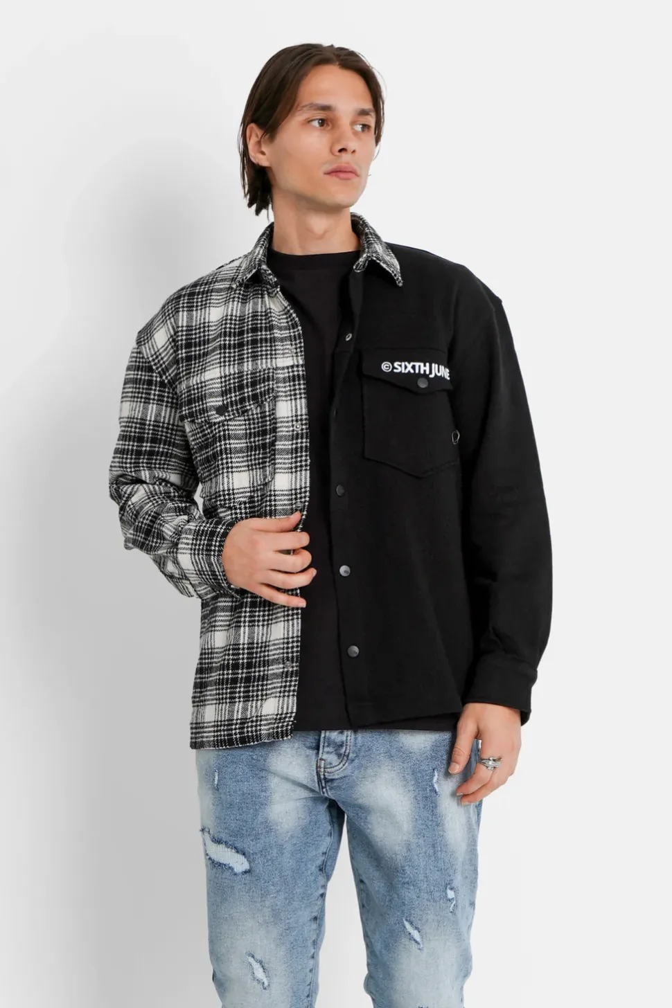 Chemise Bi-Matiere Tartan Coton Noir