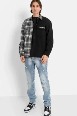 Chemise Bi-Matiere Tartan Coton Noir