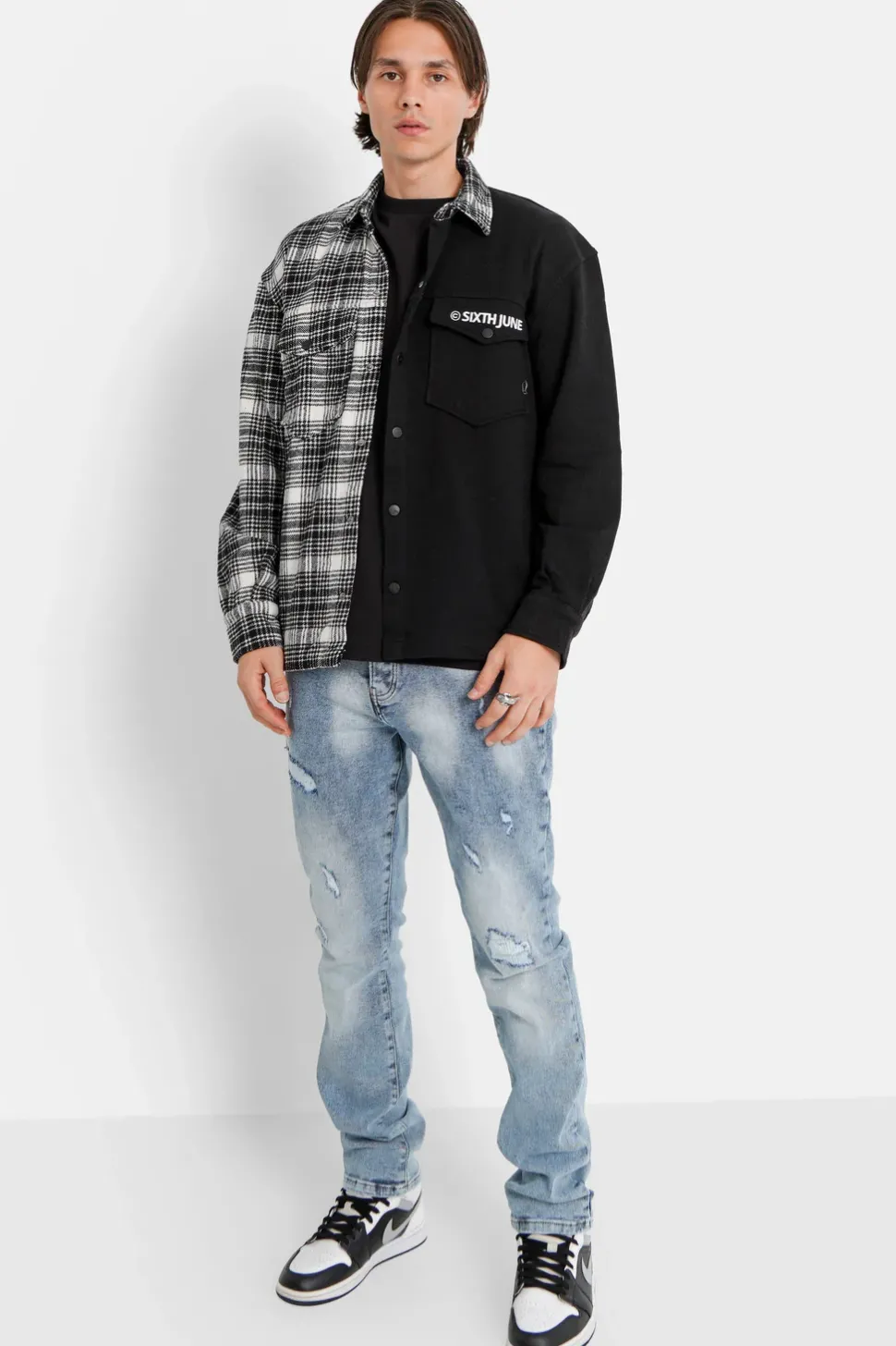 Chemise Bi-Matiere Tartan Coton Noir