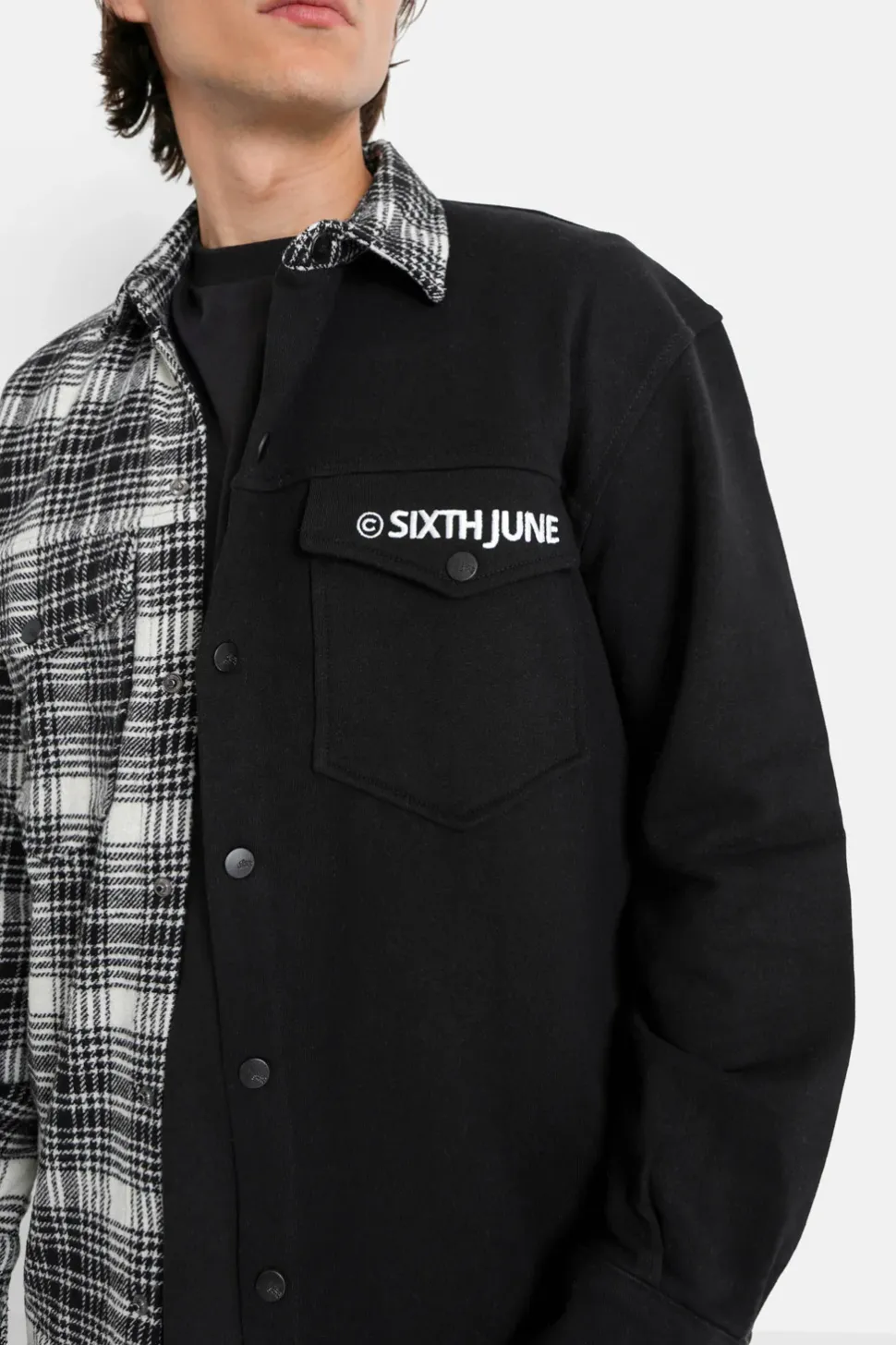 Chemise Bi-Matiere Tartan Coton Noir