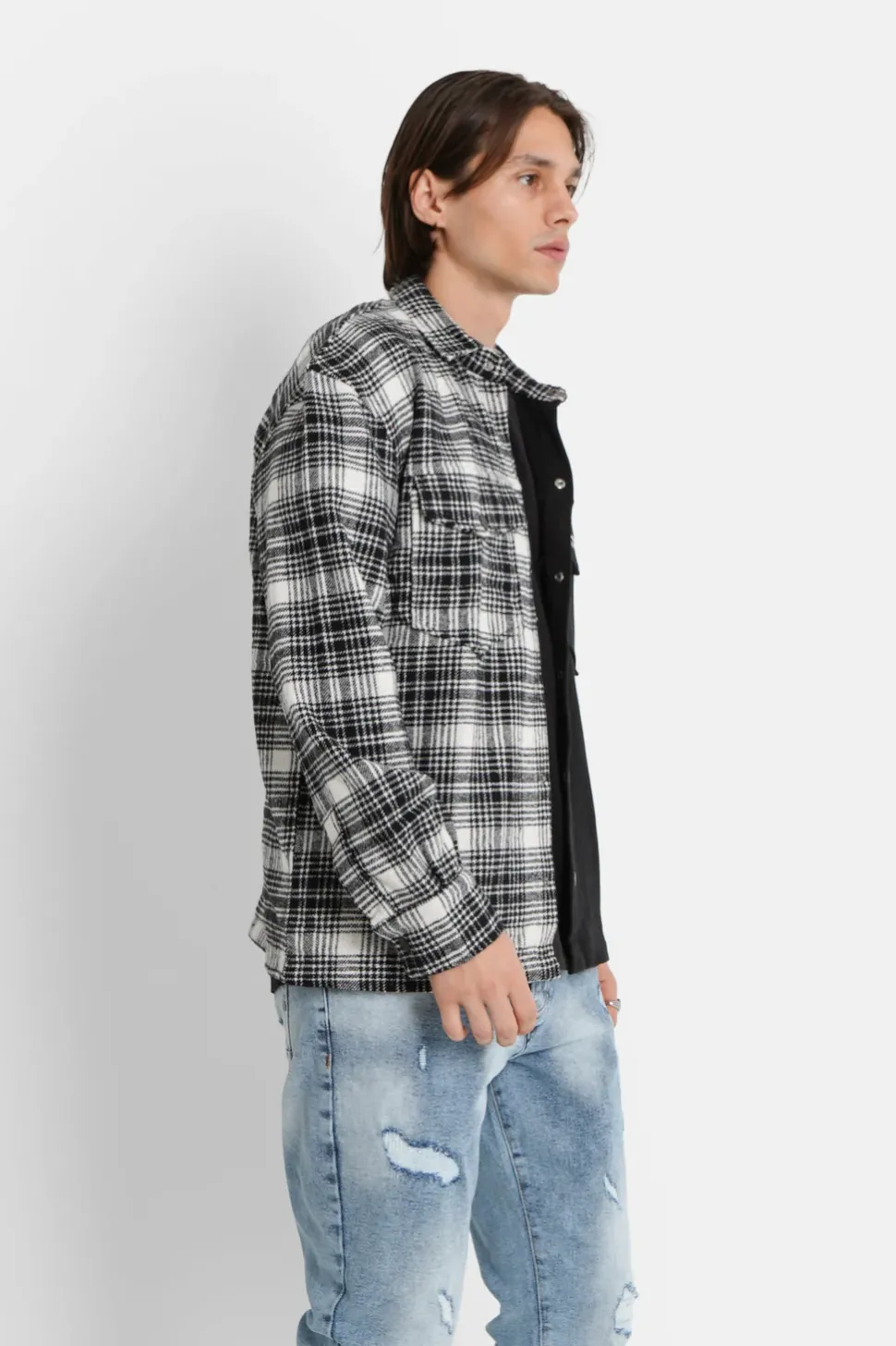 Chemise Bi-Matiere Tartan Coton Noir