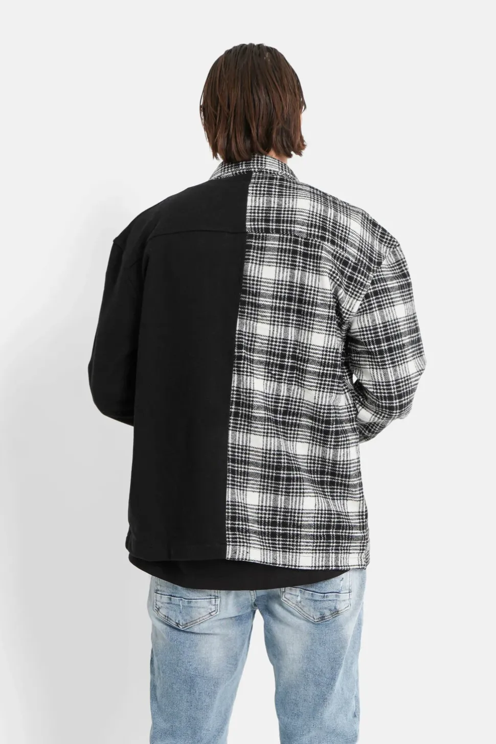 Chemise Bi-Matiere Tartan Coton Noir