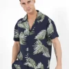 Chemise Fluide Tropicale Bleu Fonce