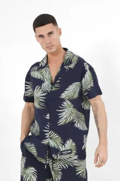 Chemise Fluide Tropicale Bleu Fonce