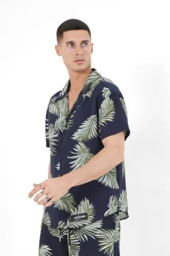 Chemise Fluide Tropicale Bleu Fonce