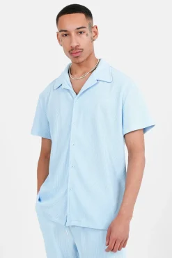Chemise Manches Courtes Plisse Bleu Clair