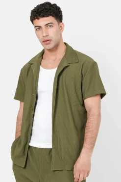 Chemise Manches Courtes Plisse Vert Kaki