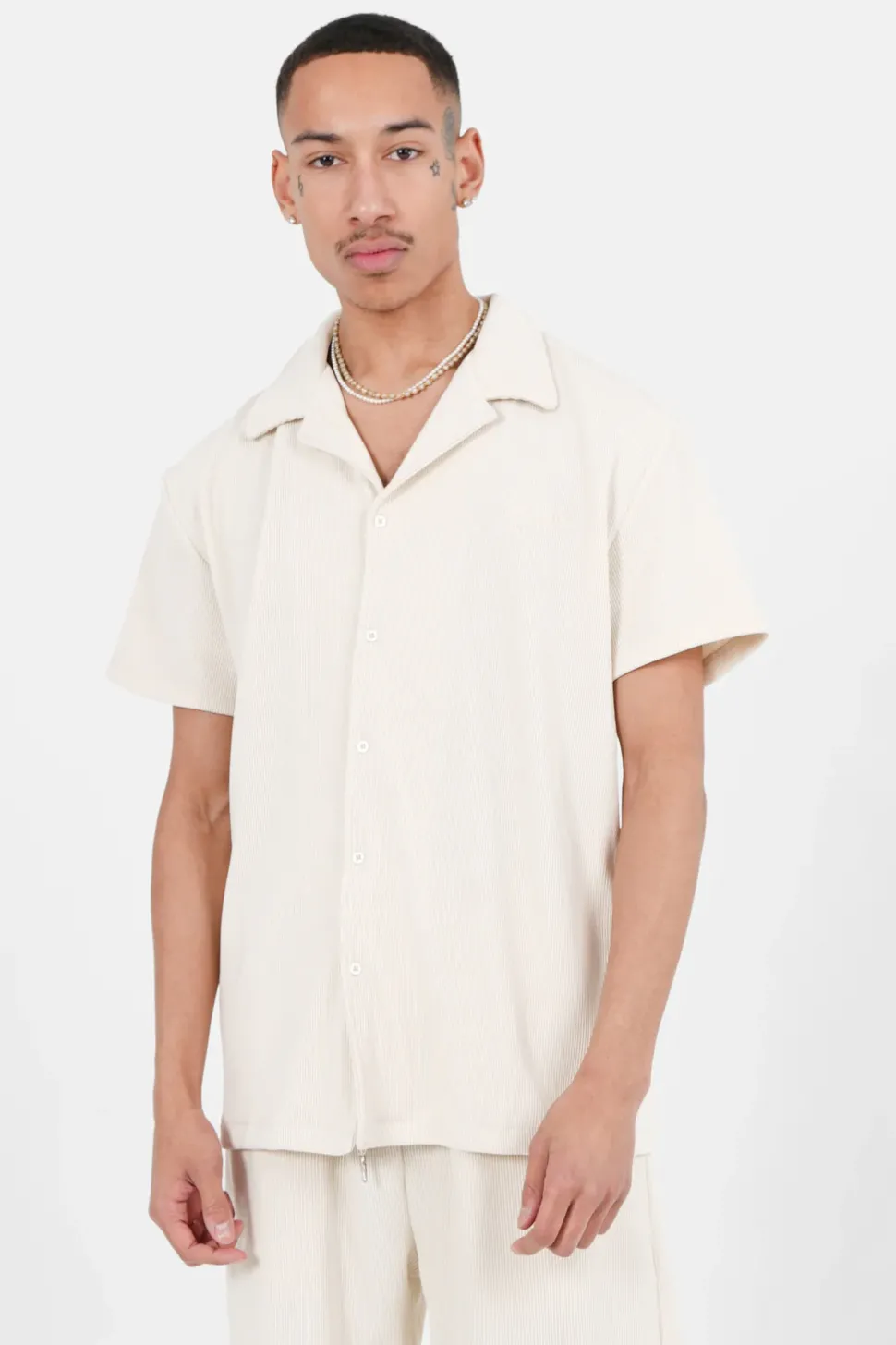 Chemise Manches Courtes Plisse Beige