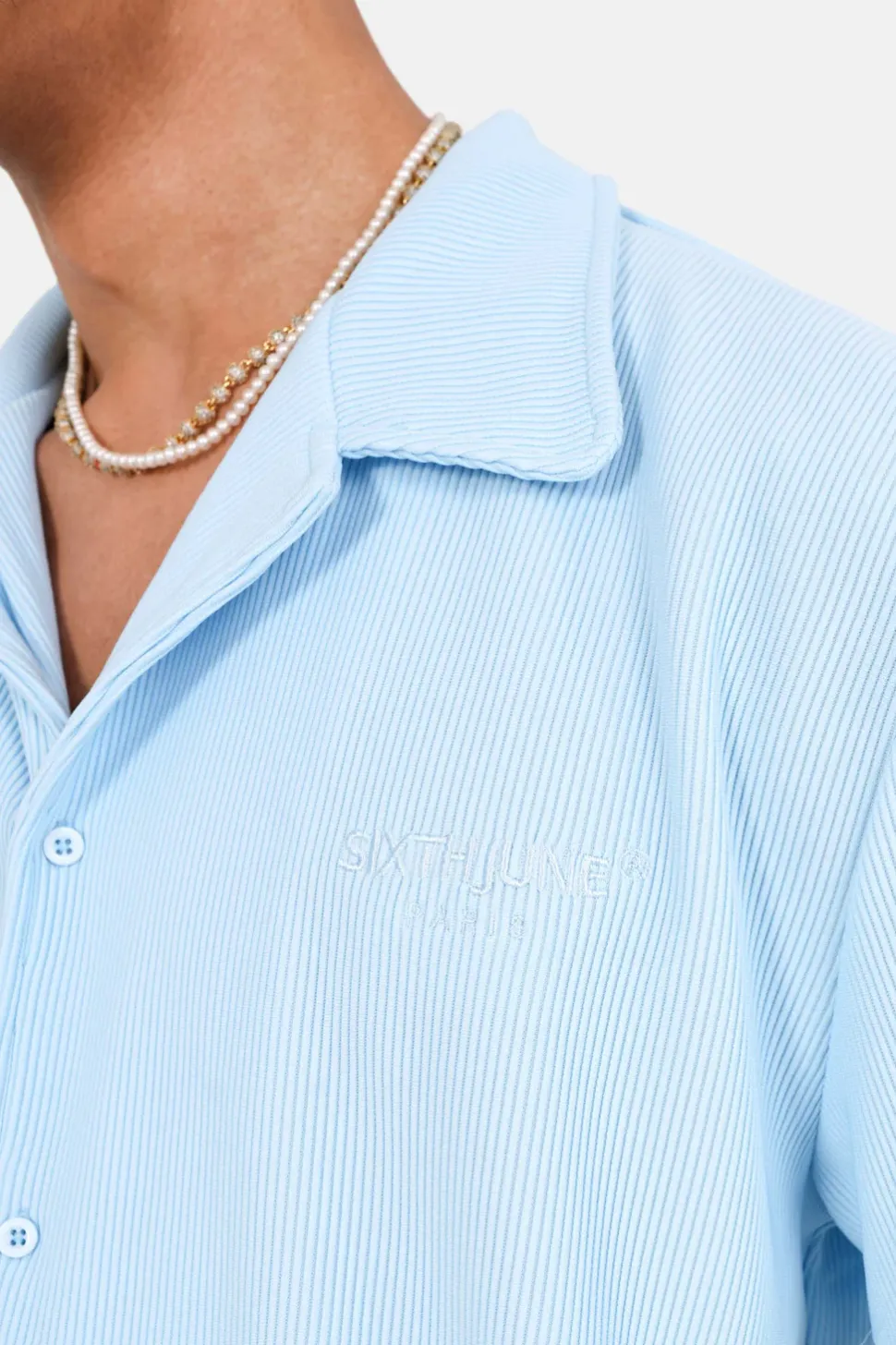Chemise Manches Courtes Plisse Bleu Clair