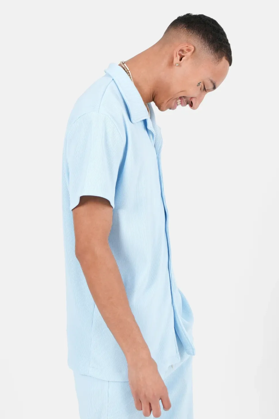 Chemise Manches Courtes Plisse Bleu Clair
