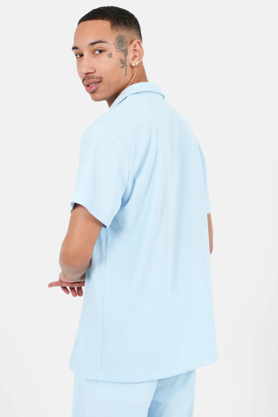 Chemise Manches Courtes Plisse Bleu Clair