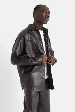 Chemise Manches Longues Simili Cuir Marron