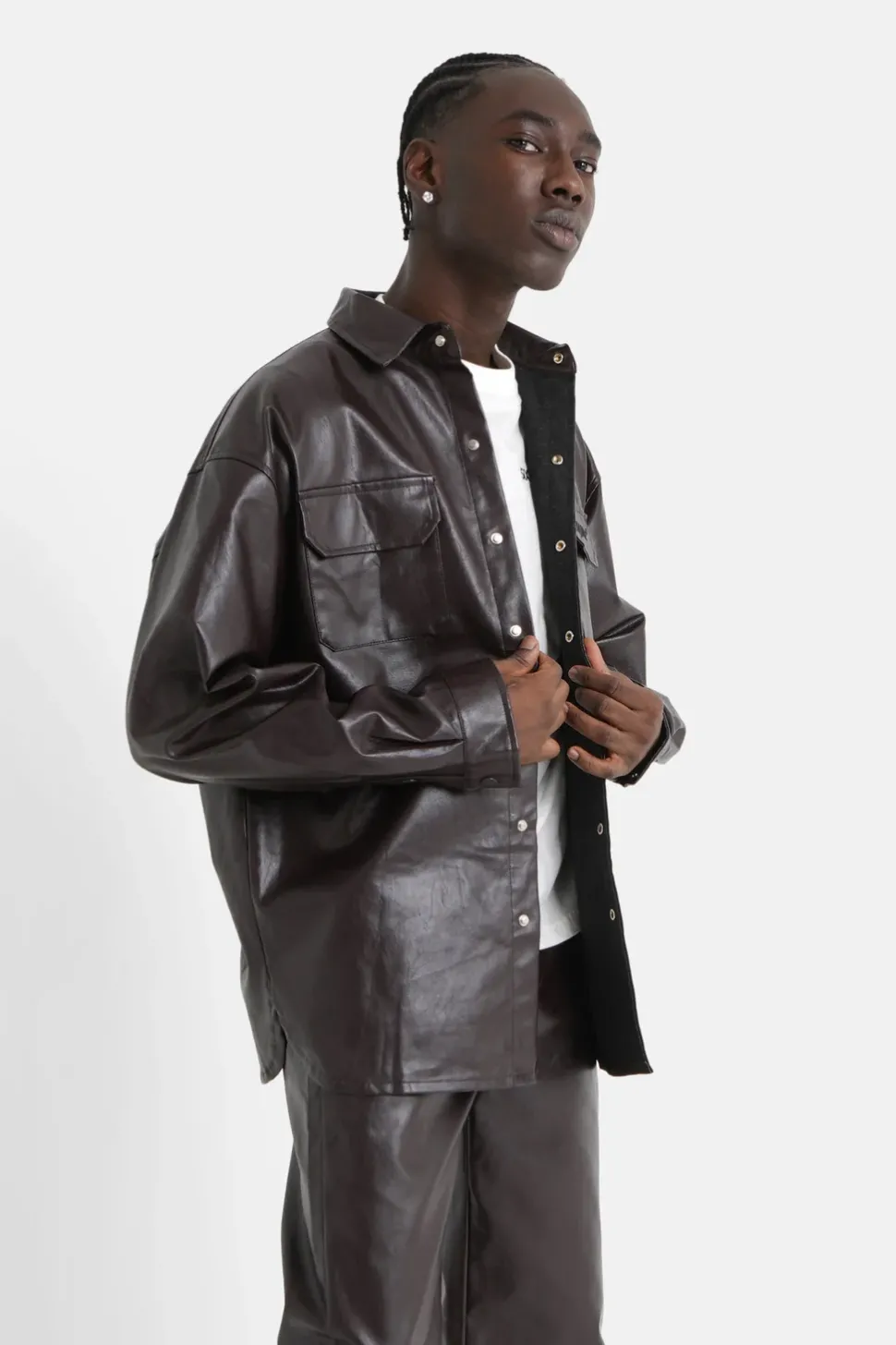 Chemise Manches Longues Simili Cuir Marron