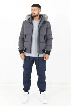 Doudoune Courte Fourrure Doublure Gris Fonce