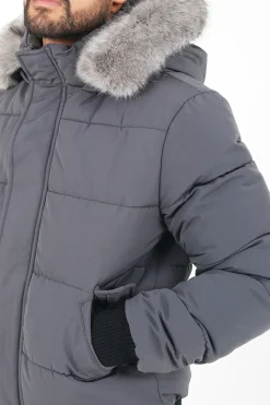 Doudoune Courte Fourrure Doublure Gris Fonce