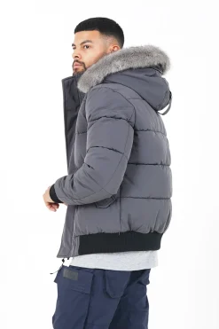 Doudoune Courte Fourrure Doublure Gris Fonce