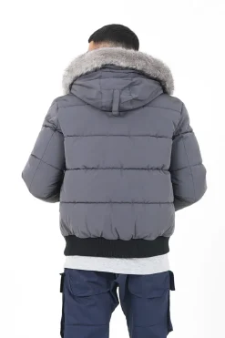 Doudoune Courte Fourrure Doublure Gris Fonce
