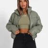 Doudoune Courte Simili Cuir Vert