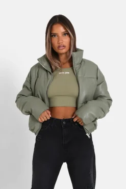 Doudoune Courte Simili Cuir Vert