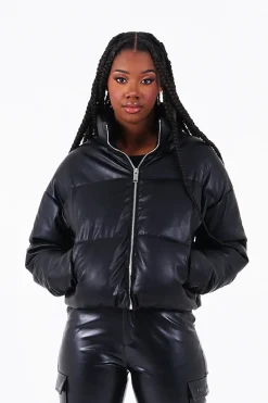 Doudoune Courte Simili Cuir Noir