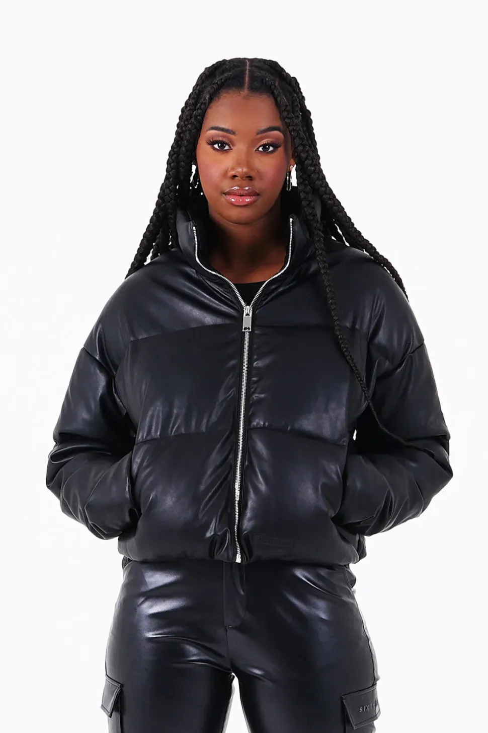 Doudoune Courte Simili Cuir Noir