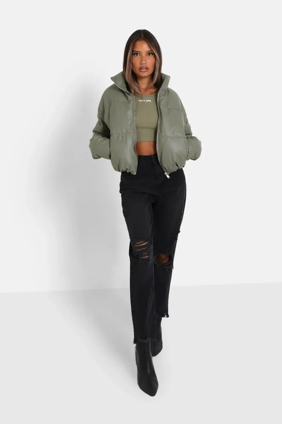 Doudoune Courte Simili Cuir Vert