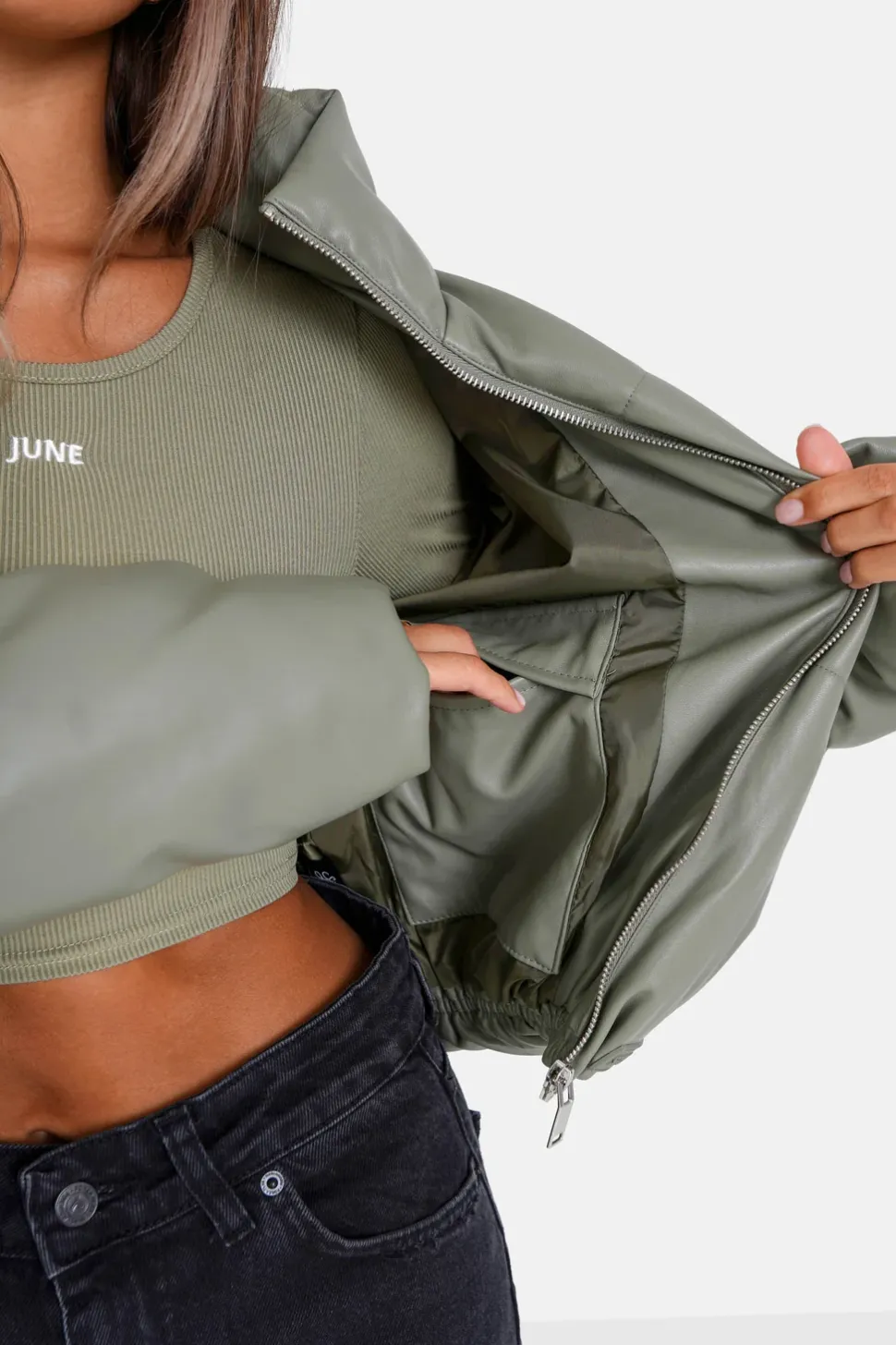 Doudoune Courte Simili Cuir Vert