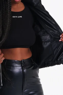 Doudoune Courte Simili Cuir Noir