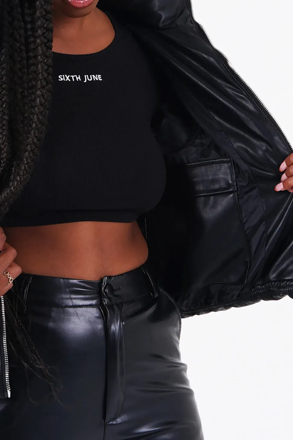 Doudoune Courte Simili Cuir Noir