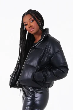 Doudoune Courte Simili Cuir Noir