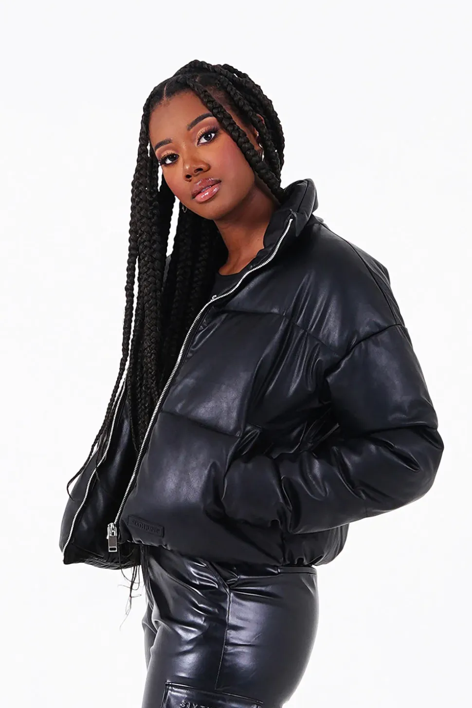 Doudoune Courte Simili Cuir Noir