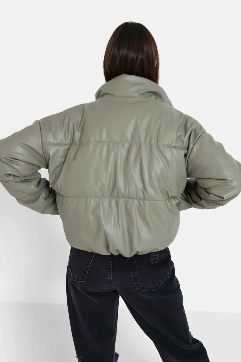 Doudoune Courte Simili Cuir Vert