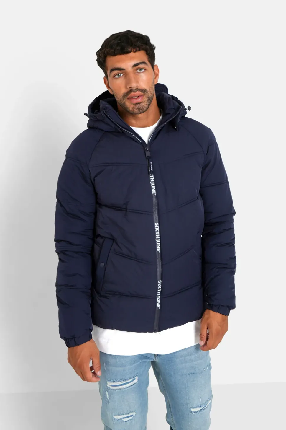 Doudoune Courte Zip Imprime Bleu