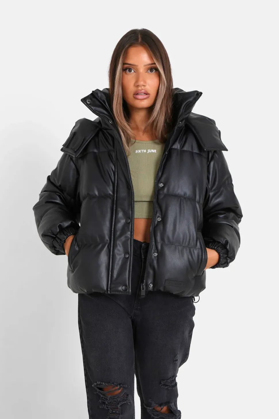 Doudoune Simili Cuir Noir