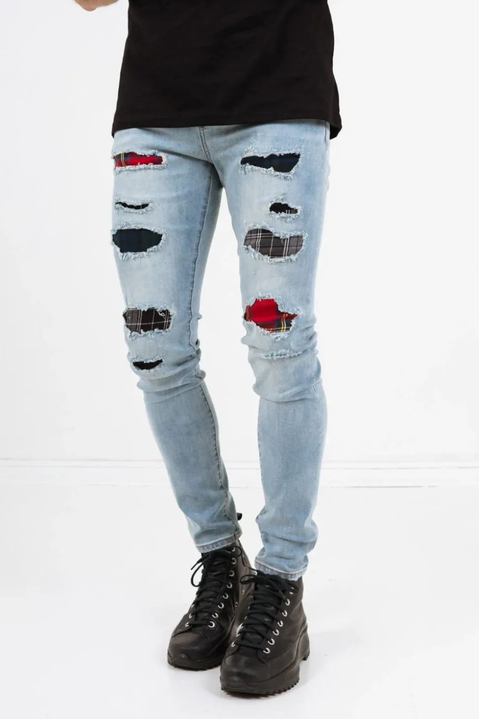 Jean Empiecements Tartan Bleu