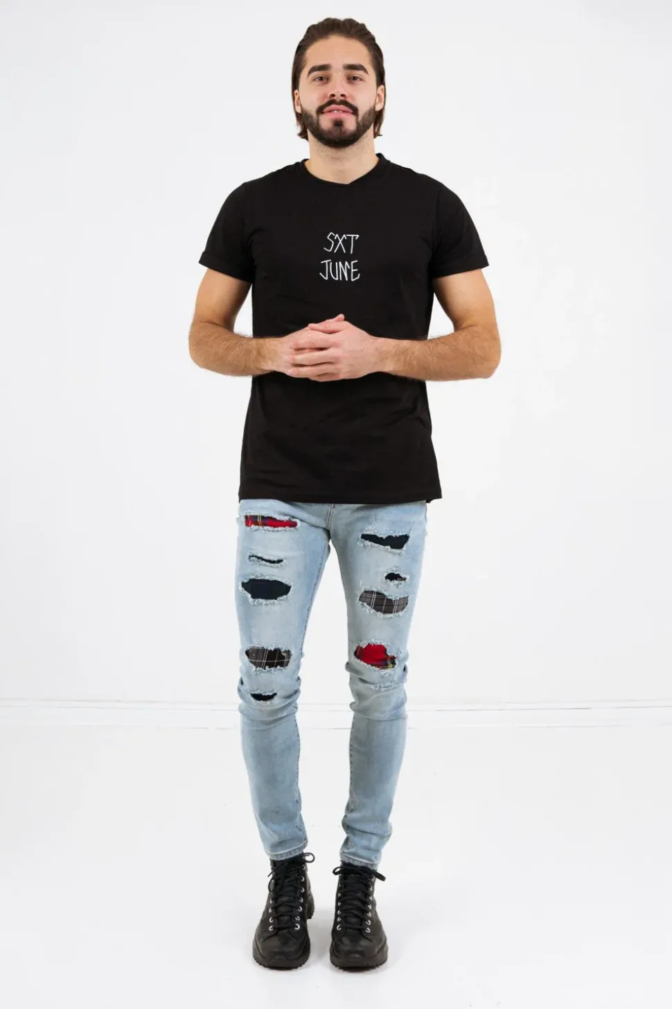 Jean Empiecements Tartan Bleu