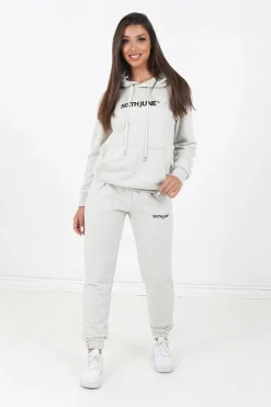 Jogging + Sweat Capuche Logo Brode Gris Clair