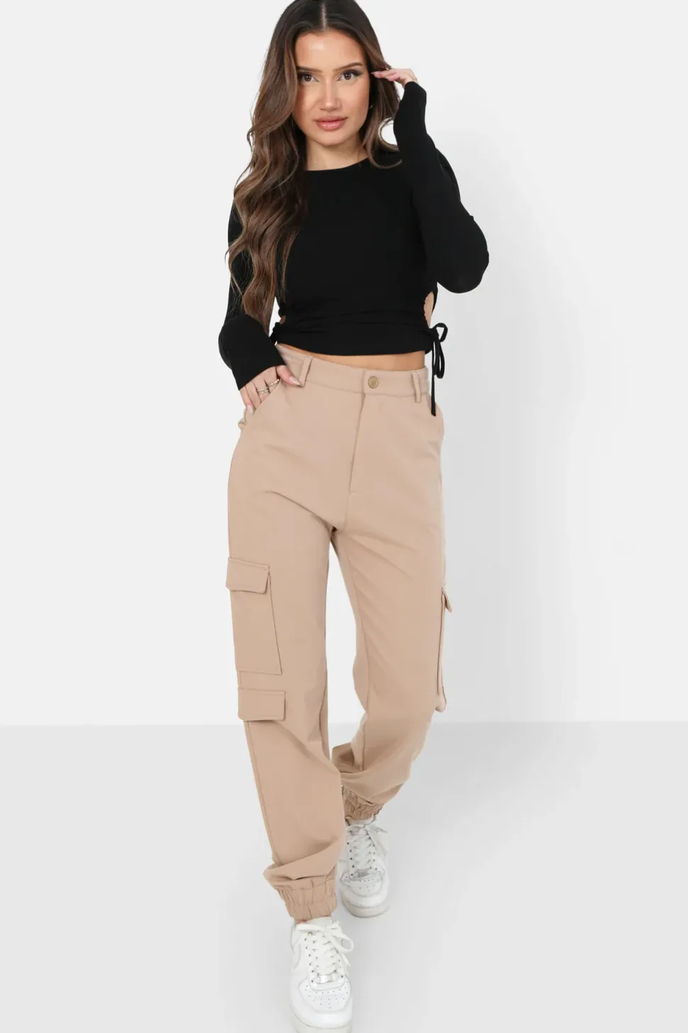 Pantalon Cargo Logo Brode Beige