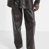 Pantalon Droit Simili Cuir Marron Fonce