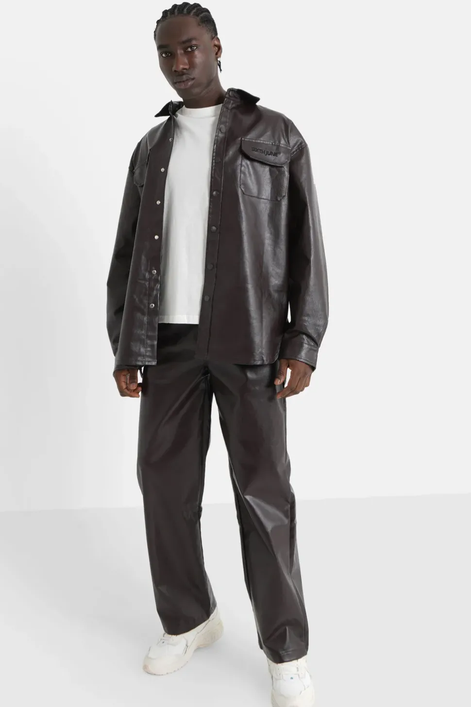 Pantalon Droit Simili Cuir Marron Fonce