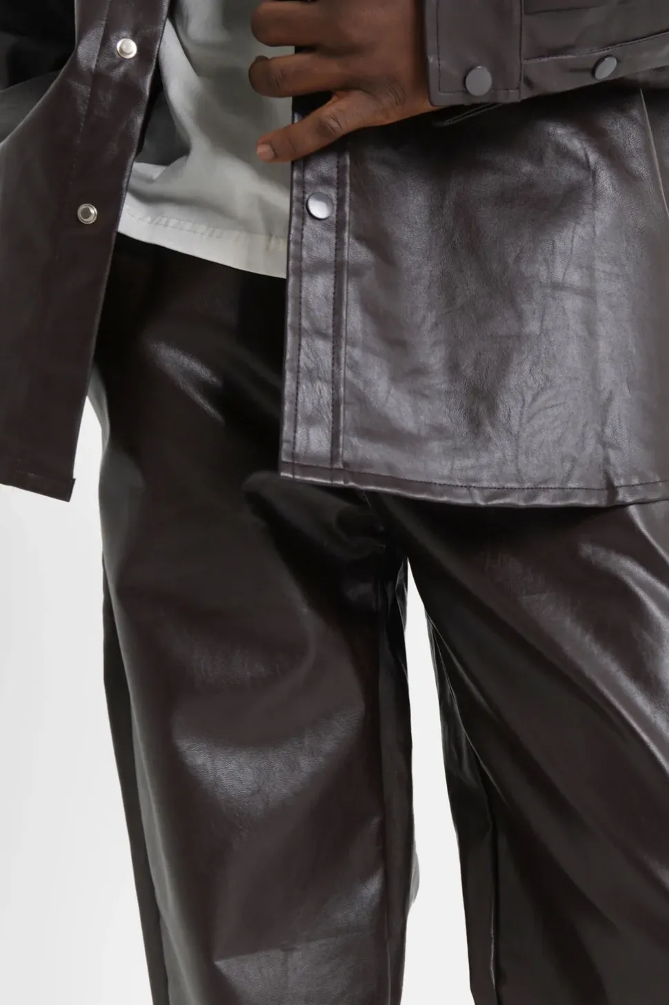 Pantalon Droit Simili Cuir Marron Fonce