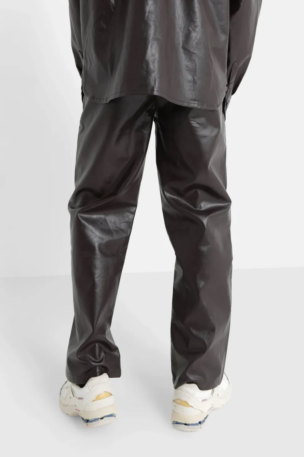 Pantalon Droit Simili Cuir Marron Fonce