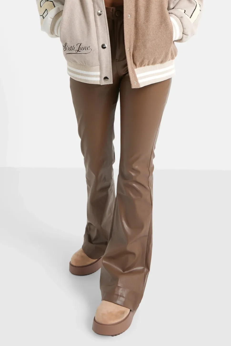 Pantalon Flare Simili Cuir Marron