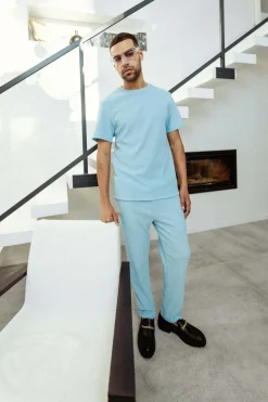 Pantalon Fluide Plisse Bleu Clair