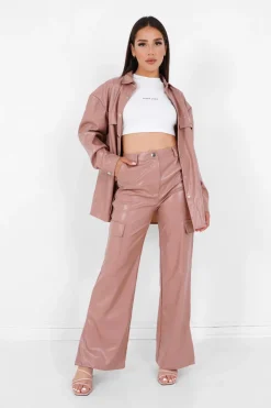Pantalon Simili Cuir Fentes Rose