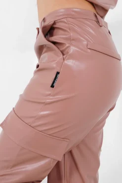 Pantalon Simili Cuir Fentes Rose