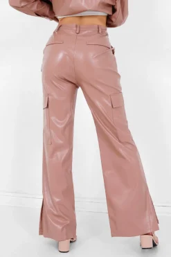 Pantalon Simili Cuir Fentes Rose